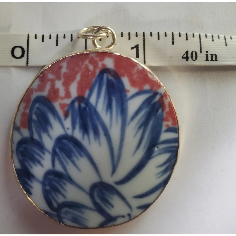 Artisan Floral Pendant Ming Blue Coral White Porcelain Pottery Shard Chinoiserie